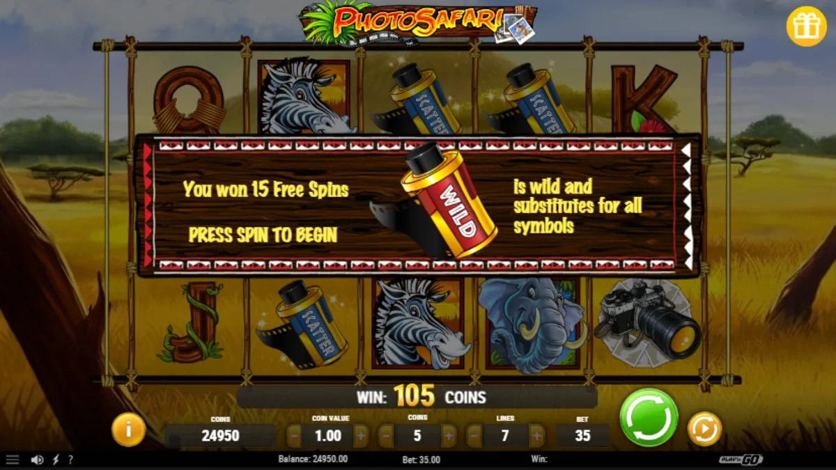 Interface do jogo de slot Photo Safari com animais da savana e equipamentos fotográficos