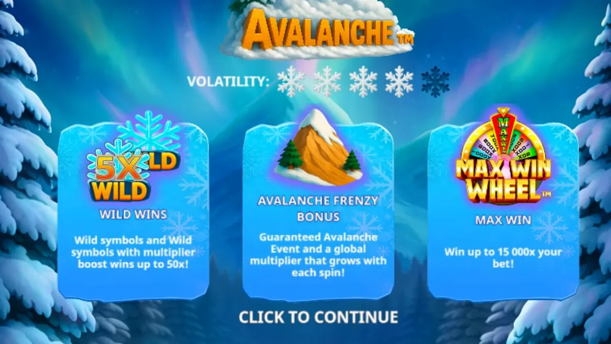 Interface do jogo de slot Avalanche com tema alpino e yeti