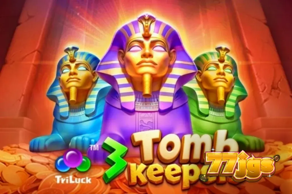 Interface do jogo de slot 3 Tomb Keepers com estátuas de faraós e símbolos egípcios